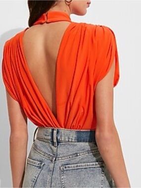 Express Coral Draped Mock Neck Open Back Bodysuit M NWT